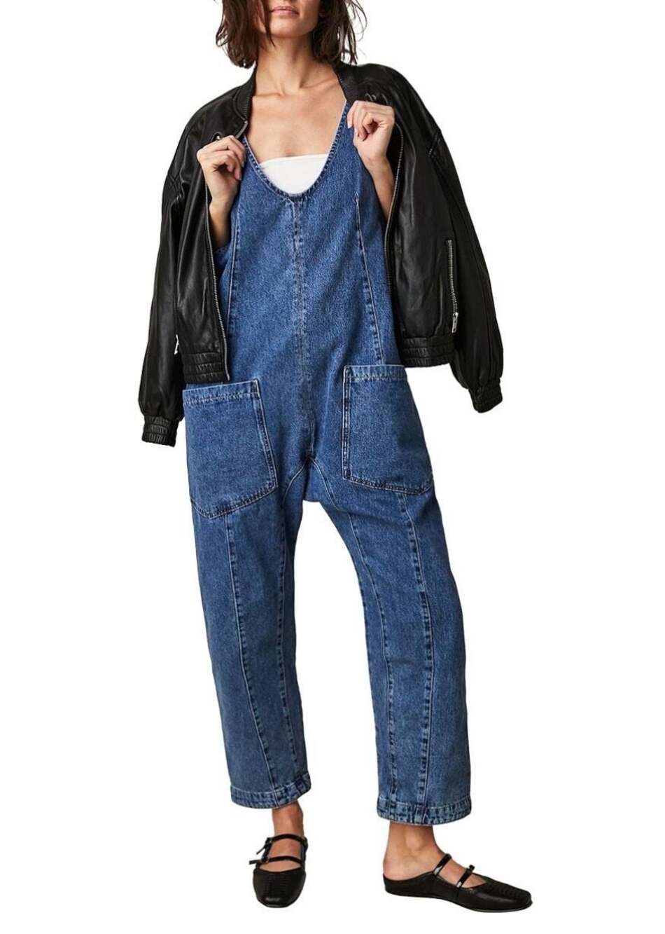Free People We The Free High Roller Denim Jumpsuit Overalls Blue Slouchy Baggy M